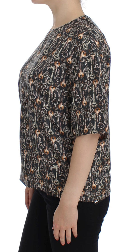 Dolce & Gabbana Gray Gold Key Print Silk Blouse T-shirt Dolce & Gabbana
