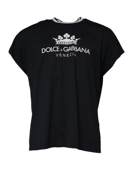 Dolce & Gabbana Dark Blue Logo Crown Cotton Crew Neck T-shirt Dolce & Gabbana