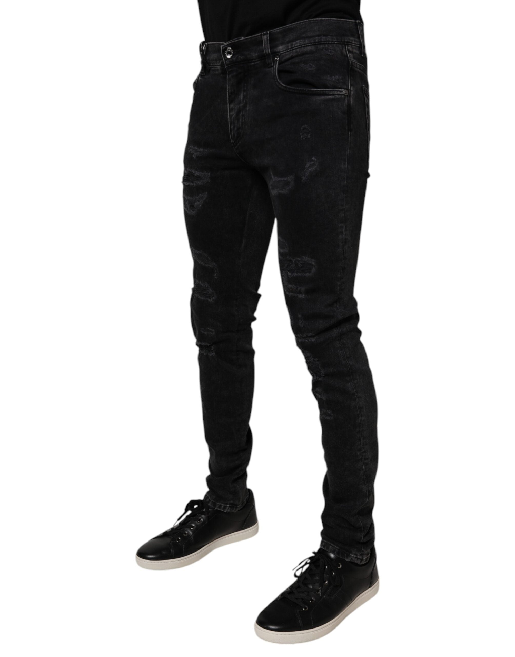 Dolce & Gabbana Black Tattered Cotton Skinny Men Denim Jeans Dolce & Gabbana