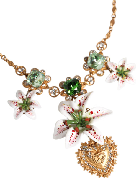Dolce & Gabbana Gold Brass Lily Crystal Sacred Heart Pendant Necklace Dolce & Gabbana