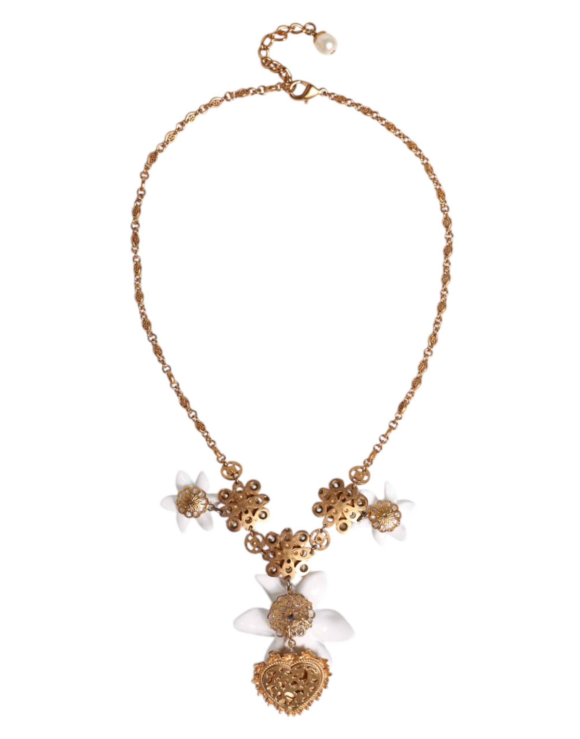 Dolce & Gabbana Gold Brass Lily Crystal Sacred Heart Pendant Necklace Dolce & Gabbana