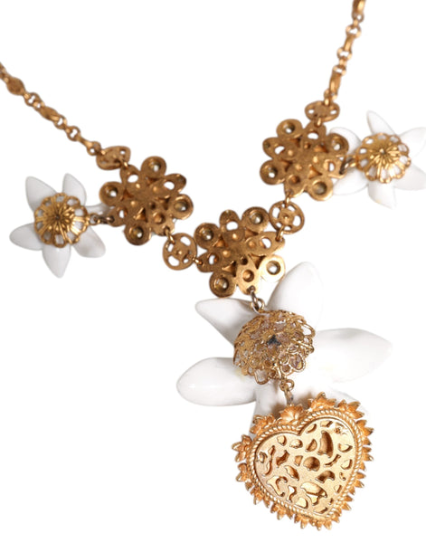 Dolce & Gabbana Gold Brass Lily Crystal Sacred Heart Pendant Necklace Dolce & Gabbana