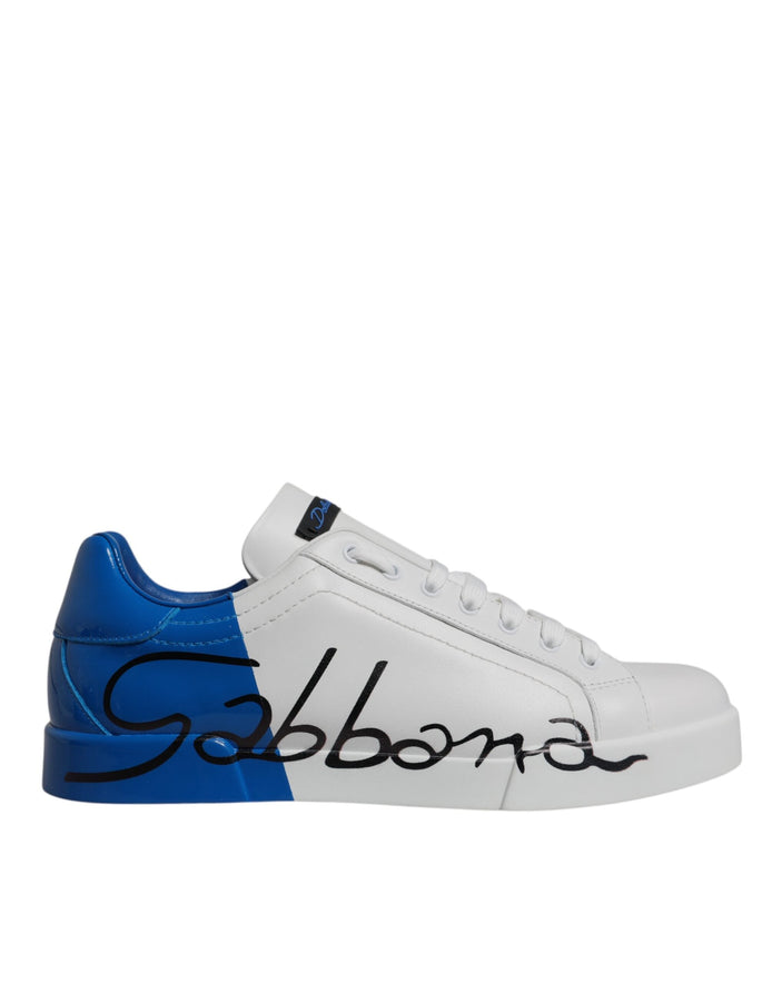 Dolce & Gabbana White Blue Leather Logo Low Top Sneakers Shoes Dolce & Gabbana