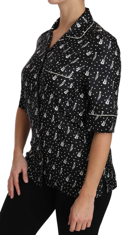 Dolce & Gabbana Black GuitarTrumpet Print Silk Shirt Top Dolce & Gabbana