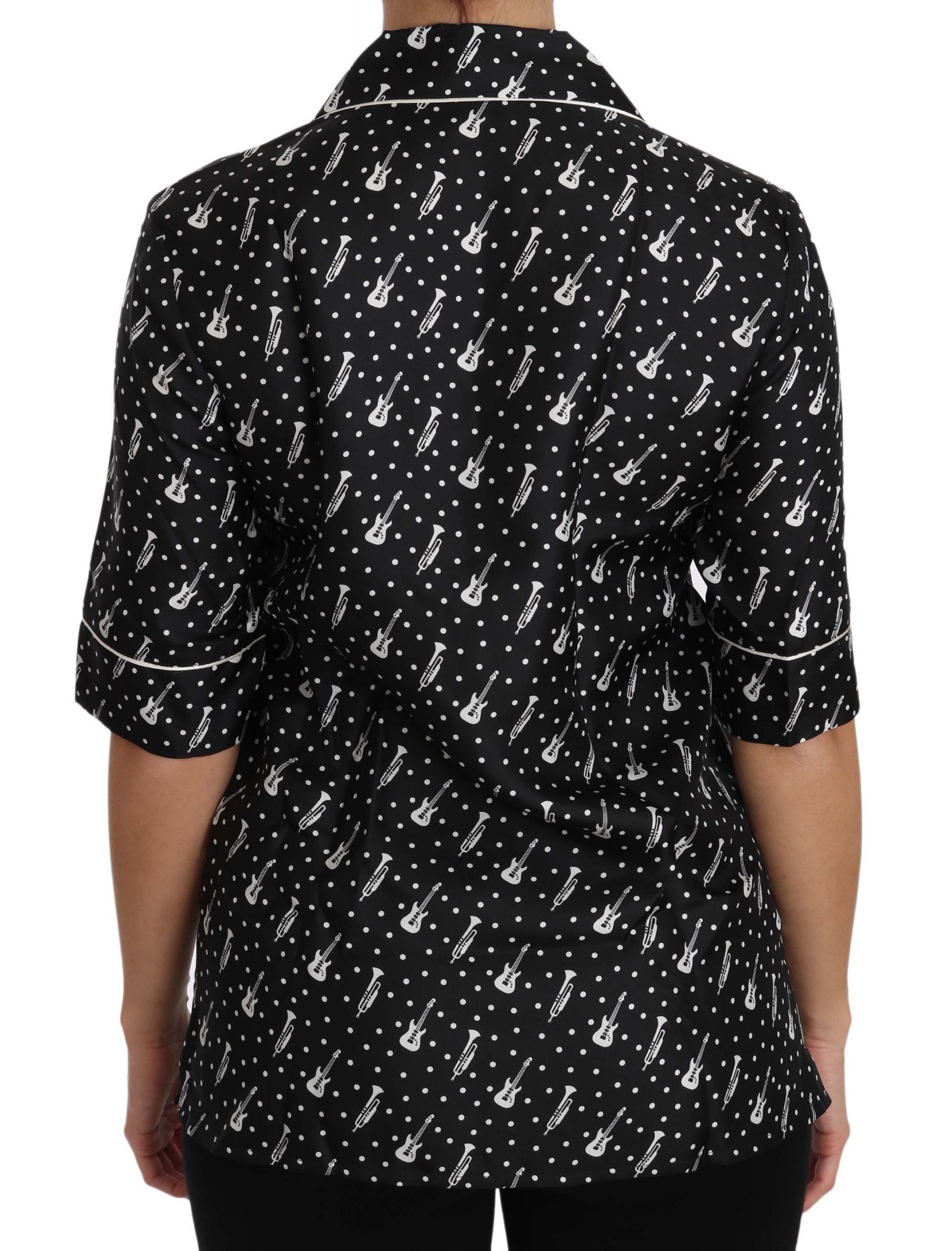 Dolce & Gabbana Black GuitarTrumpet Print Silk Shirt Top Dolce & Gabbana