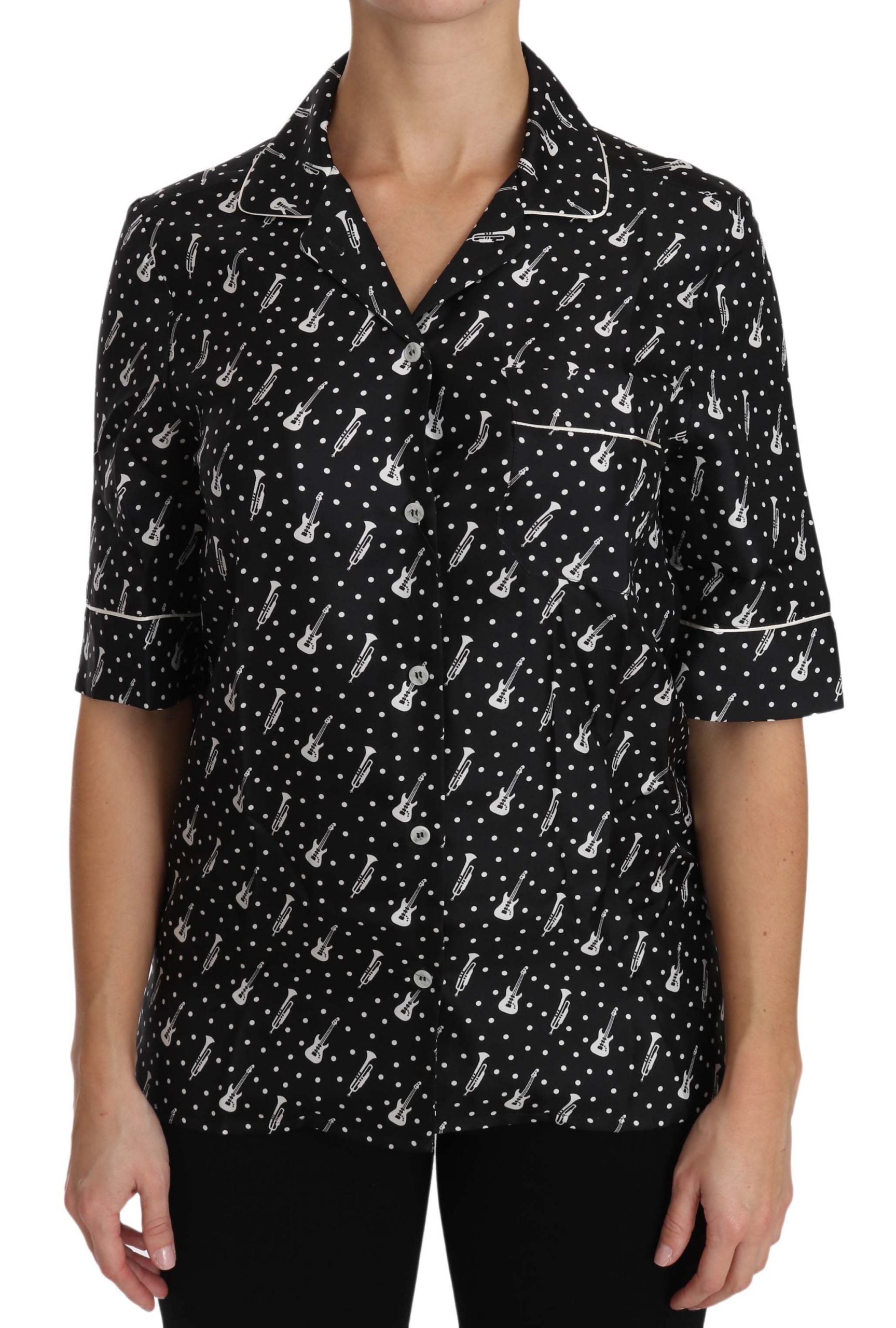 Dolce & Gabbana Black GuitarTrumpet Print Silk Shirt Top Dolce & Gabbana