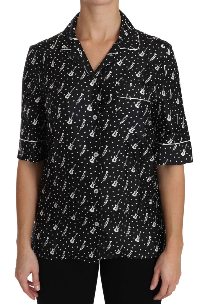 Dolce & Gabbana Black GuitarTrumpet Print Silk Shirt Top Dolce & Gabbana
