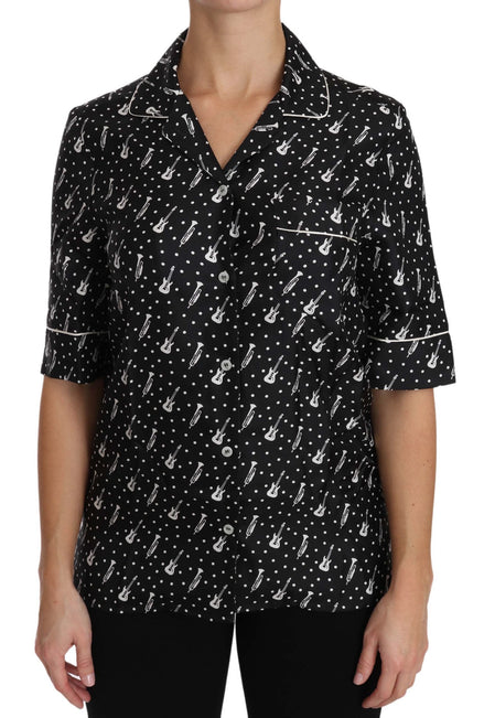 Dolce & Gabbana Black GuitarTrumpet Print Silk Shirt Top Dolce & Gabbana
