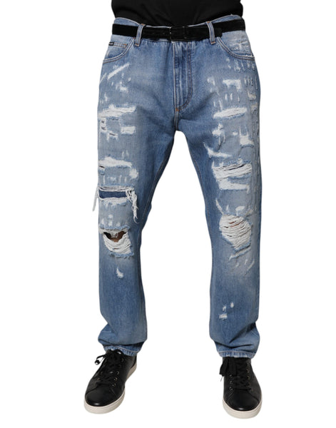 Dolce & Gabbana Blue Tattered Straight Cotton Denim Jeans Dolce & Gabbana