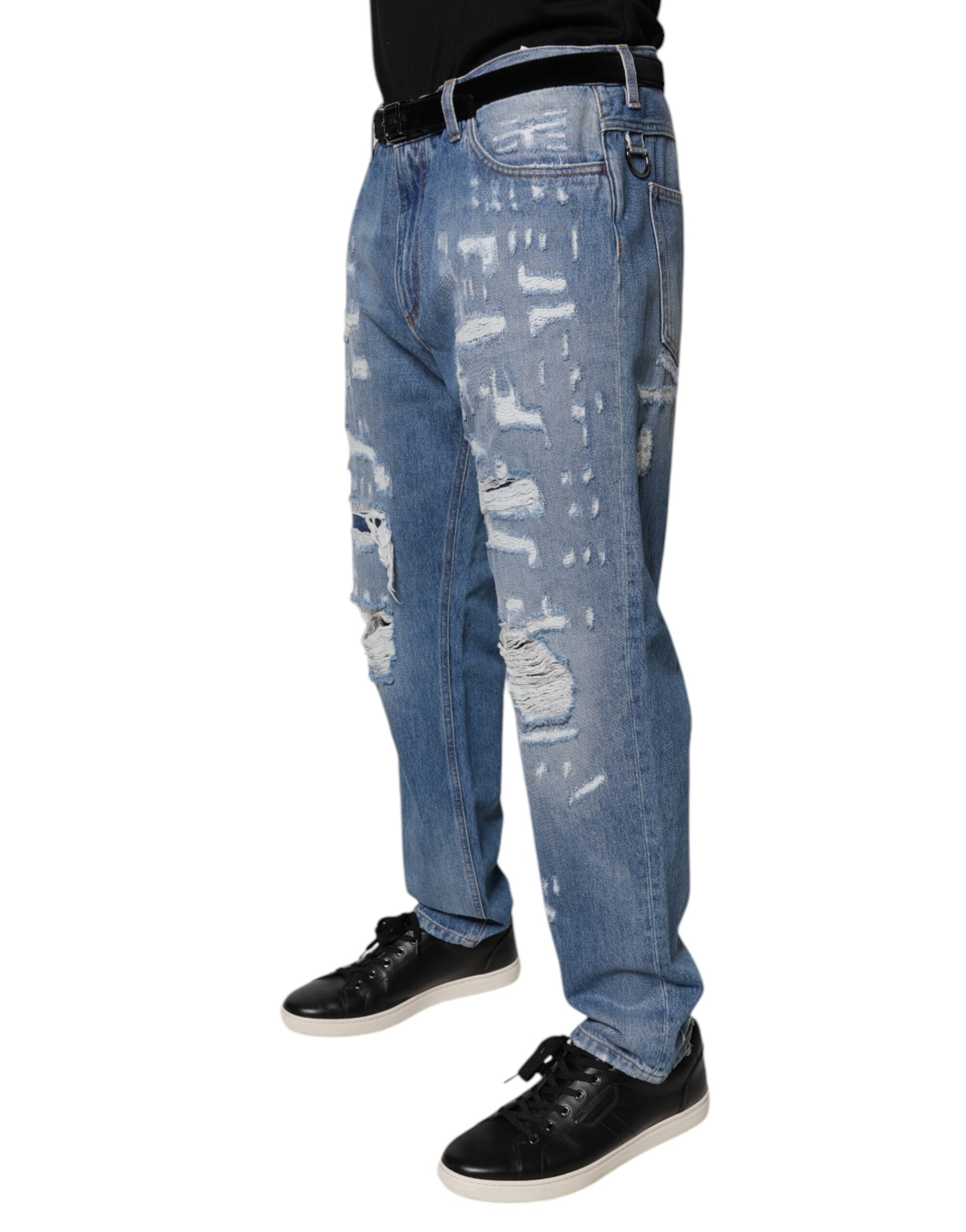 Dolce & Gabbana Blue Tattered Straight Cotton Denim Jeans Dolce & Gabbana
