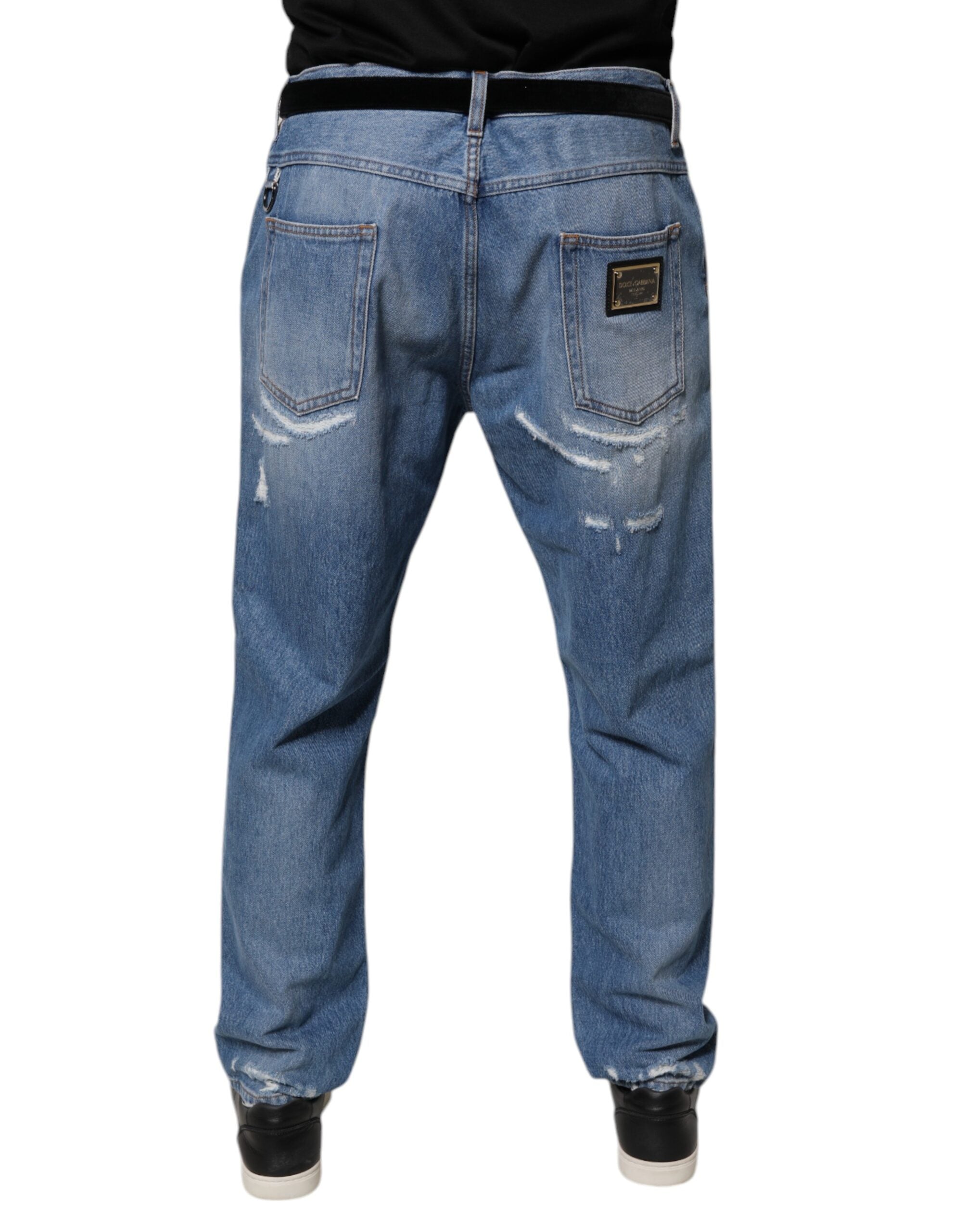 Dolce & Gabbana Blue Tattered Straight Cotton Denim Jeans Dolce & Gabbana