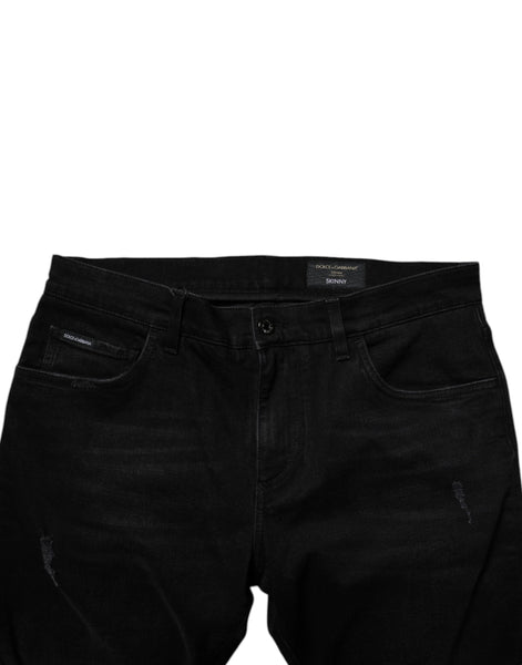 Dolce & Gabbana Black Cotton Tattered Skinny Men Denim Jeans Dolce & Gabbana