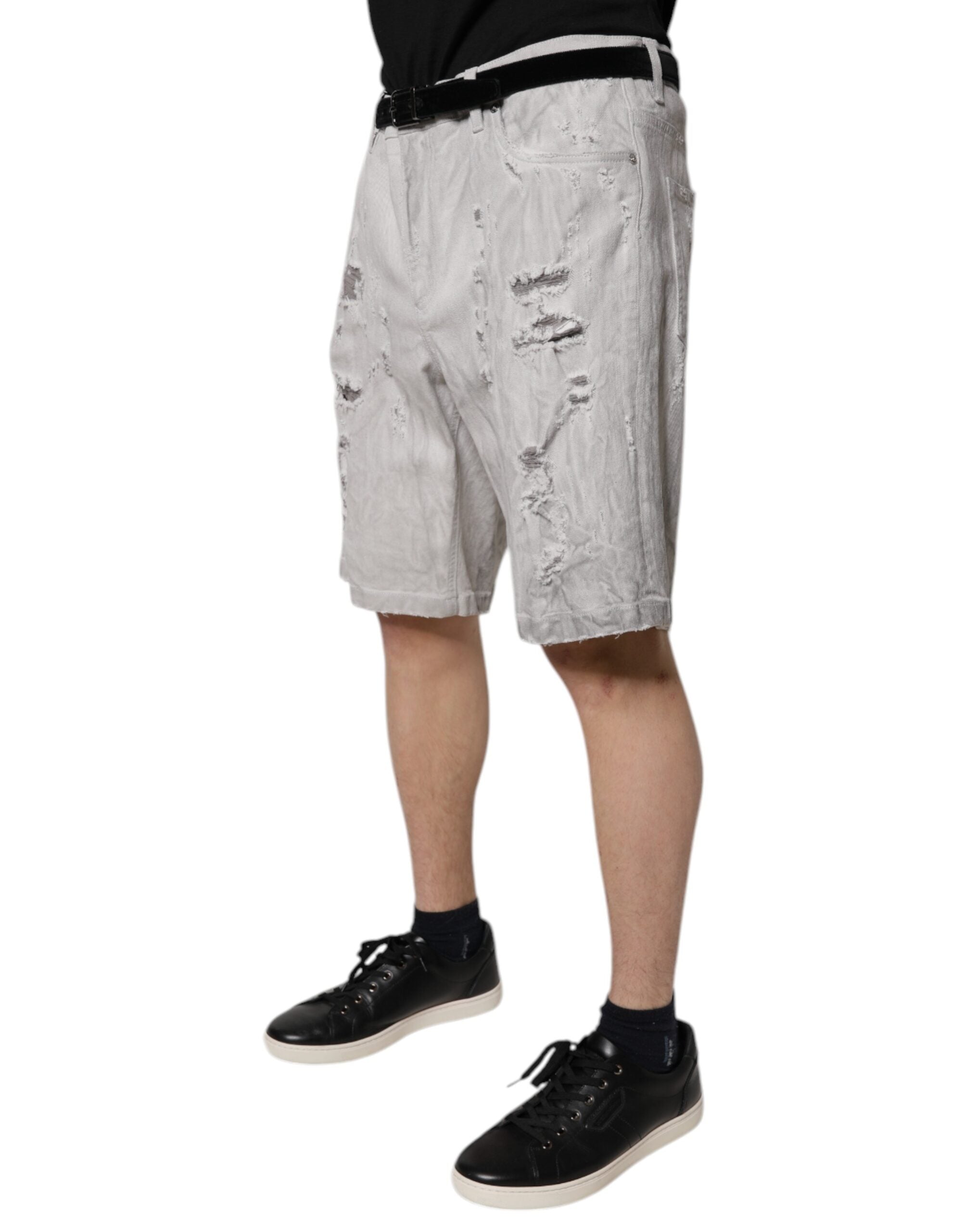 Dolce & Gabbana Light Gray Tattered Men Denim Bermuda Shorts Dolce & Gabbana