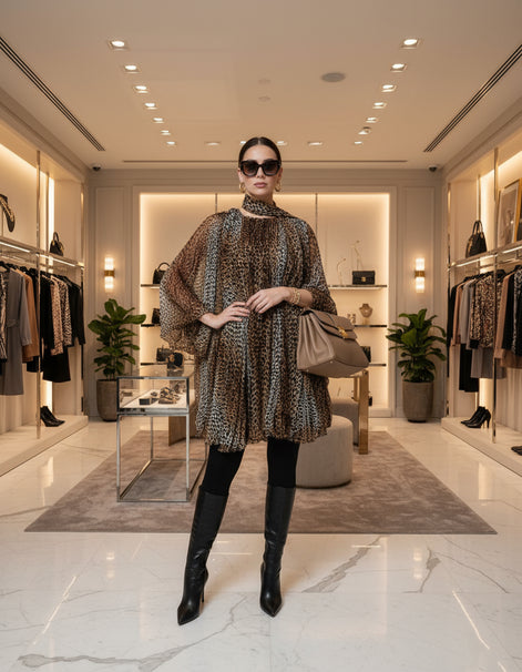 Dolce & Gabbana Brown Leopard Print Scarf Collared Chiffon Dress Dolce & Gabbana