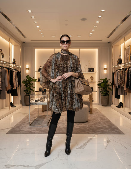 Dolce & Gabbana Brown Leopard Print Scarf Collared Chiffon Dress Dolce & Gabbana