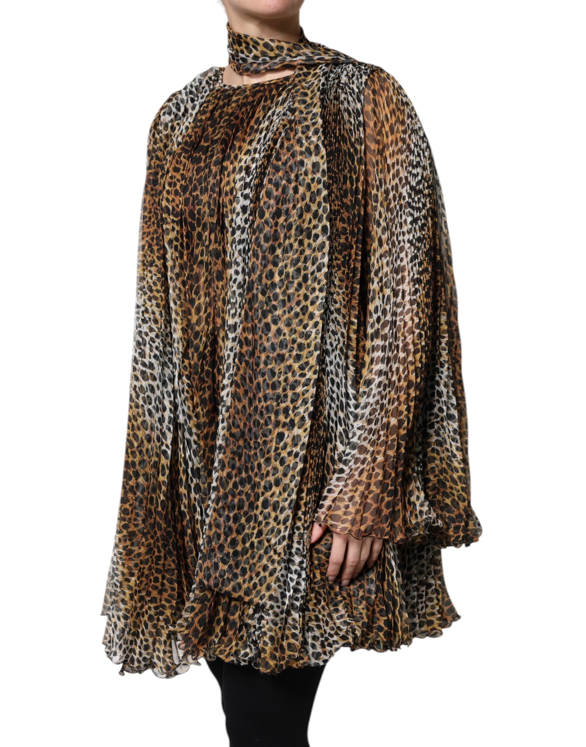 Dolce & Gabbana Brown Leopard Print Scarf Collared Chiffon Dress Dolce & Gabbana