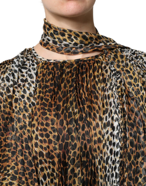 Dolce & Gabbana Brown Leopard Print Scarf Collared Chiffon Dress Dolce & Gabbana