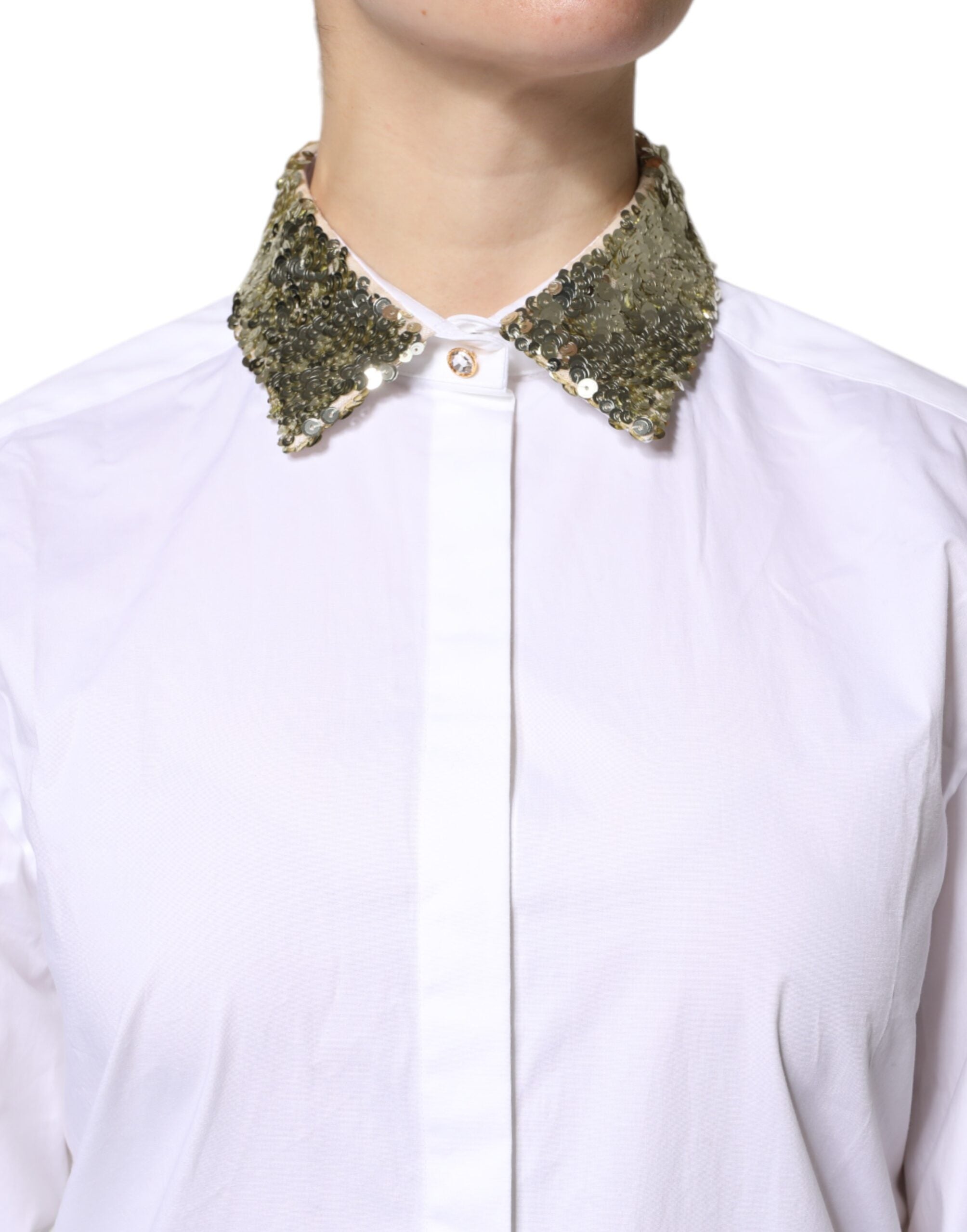 Dolce & Gabbana White Cotton Long Sleeves Sequin Shirt Top Dolce & Gabbana
