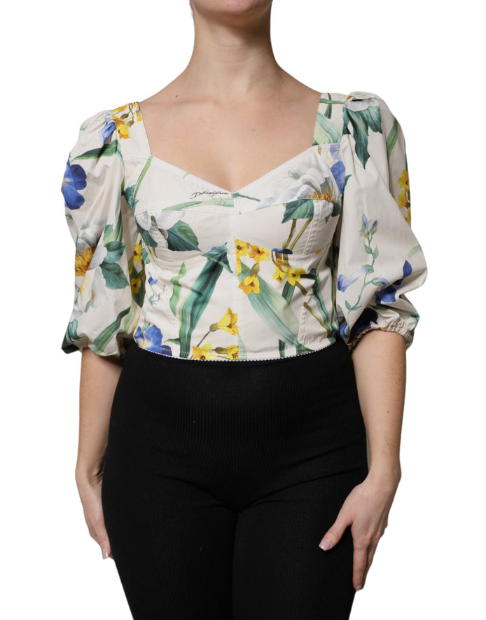 Dolce &amp; Gabbana Weißes Crop-Top mit Blumenmuster und Puffärmeln