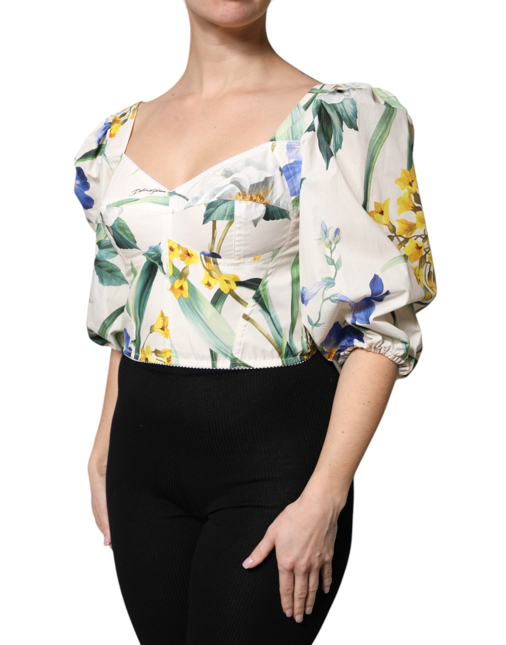 Dolce & Gabbana Weißes Crop-Top mit Blumenmuster und Puffärmeln
