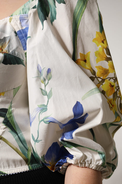 Dolce &amp; Gabbana Weißes Crop-Top mit Blumenmuster und Puffärmeln