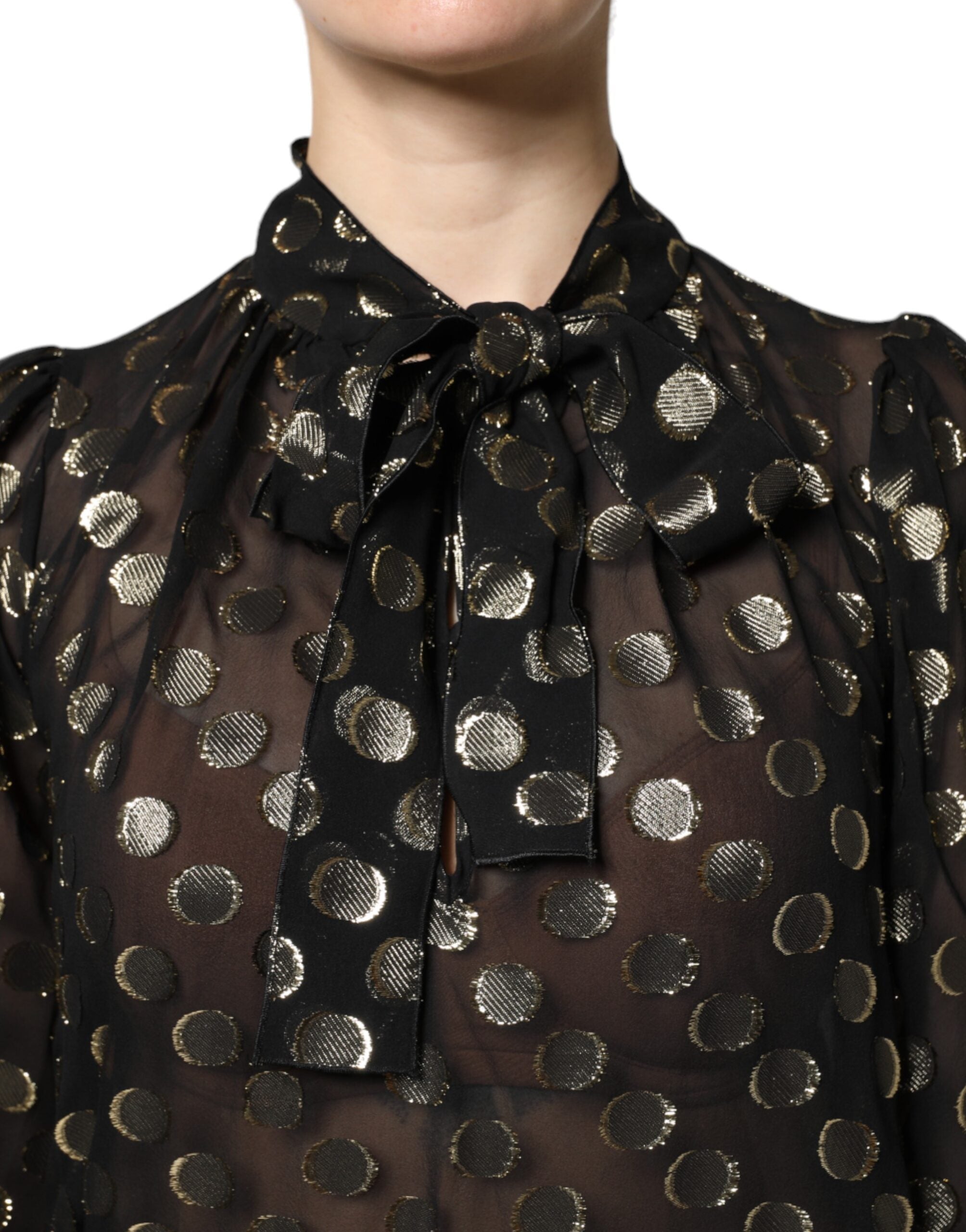 Dolce & Gabbana Black Sheer Tied Neck Polka Dots Blouse Top Dolce & Gabbana