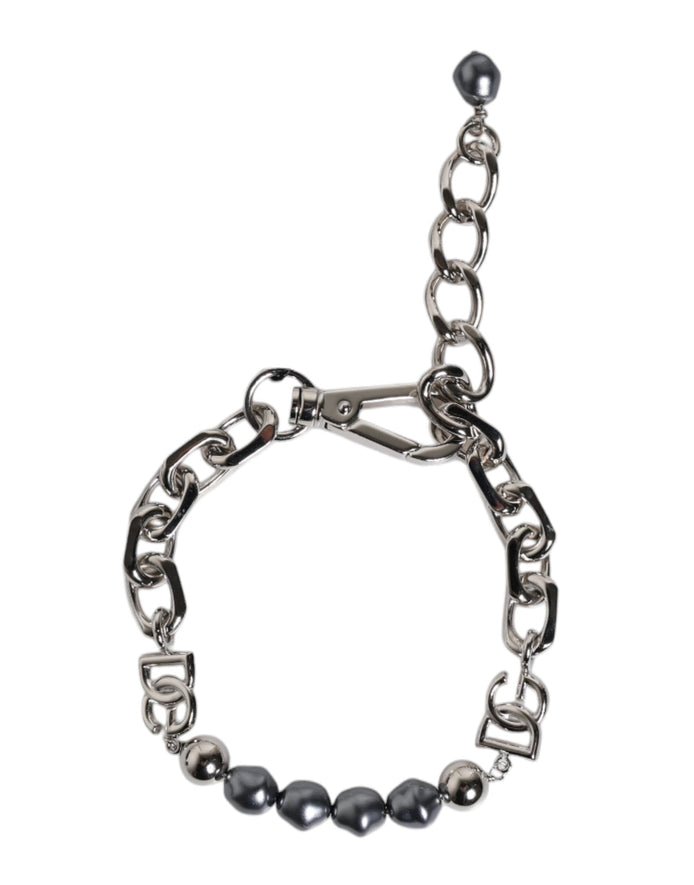 Dolce & Gabbana Silver Tone Chain Lobster Clasp Logo Gray Pearls Bracelet Dolce & Gabbana