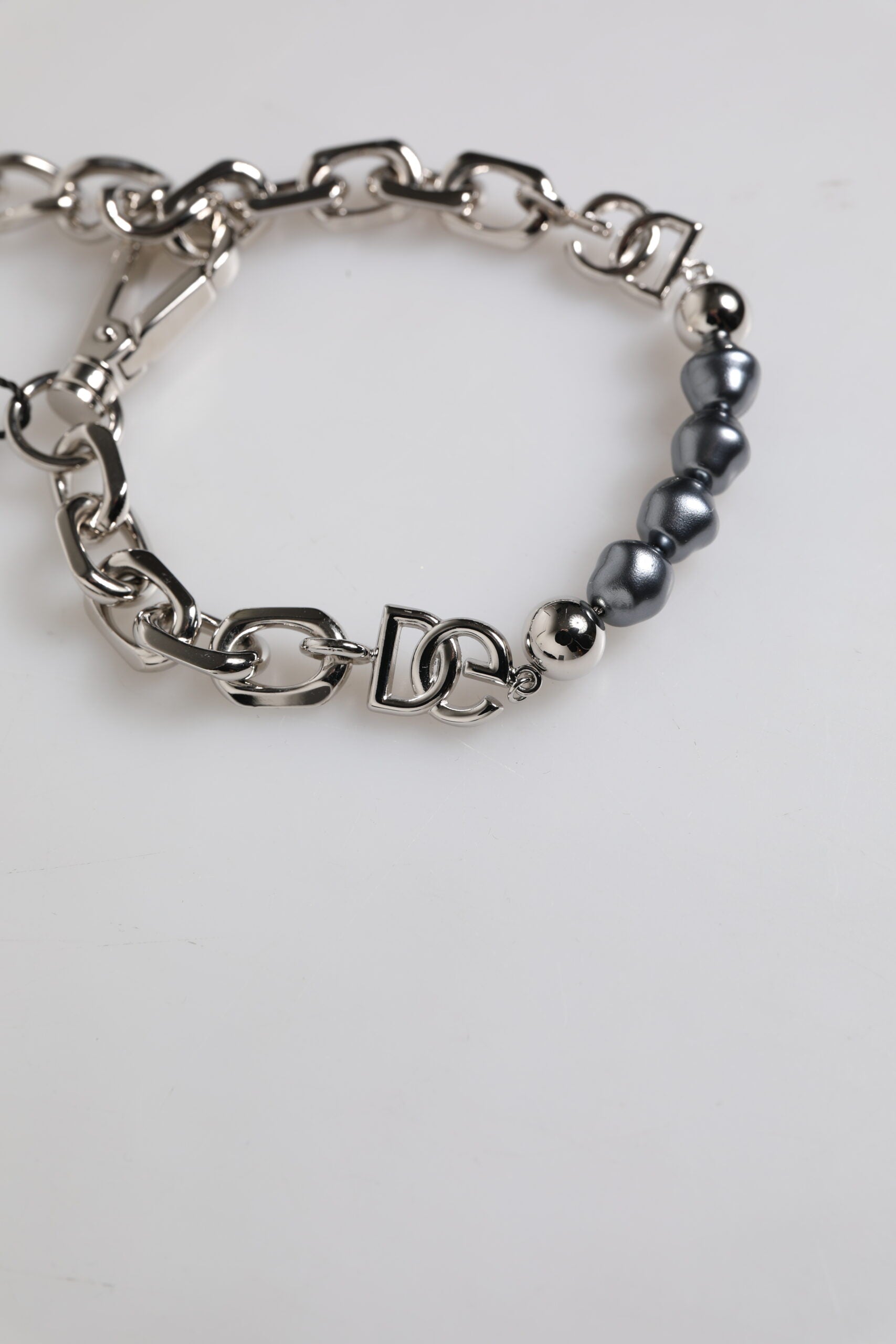 Dolce & Gabbana Silver Tone Chain Lobster Clasp Logo Gray Pearls Bracelet Dolce & Gabbana
