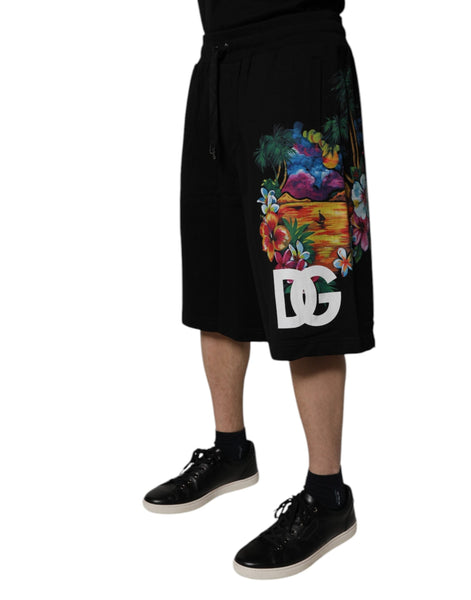 Dolce & Gabbana Black Cotton Logo Floral Print Bermuda Shorts Dolce & Gabbana