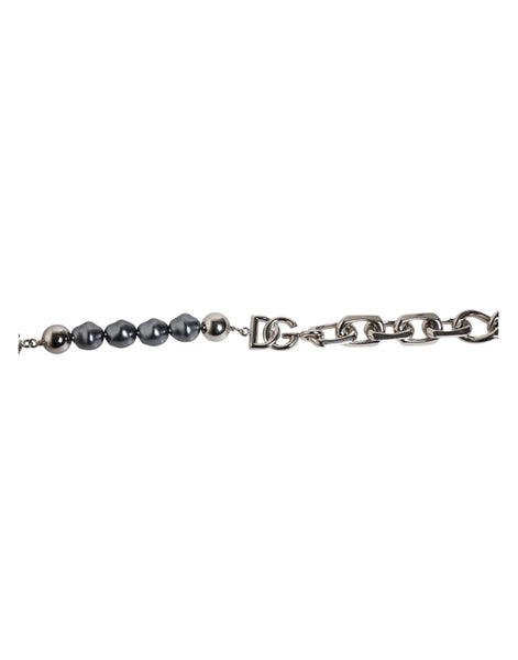 Dolce & Gabbana Silver Tone Chain Lobster Clasp Logo Gray Pearls Bracelet Dolce & Gabbana
