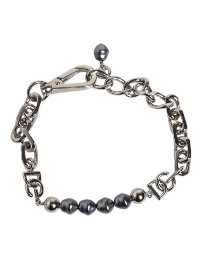 Dolce & Gabbana Silver Tone Chain Lobster Clasp Logo Gray Pearls Bracelet Dolce & Gabbana