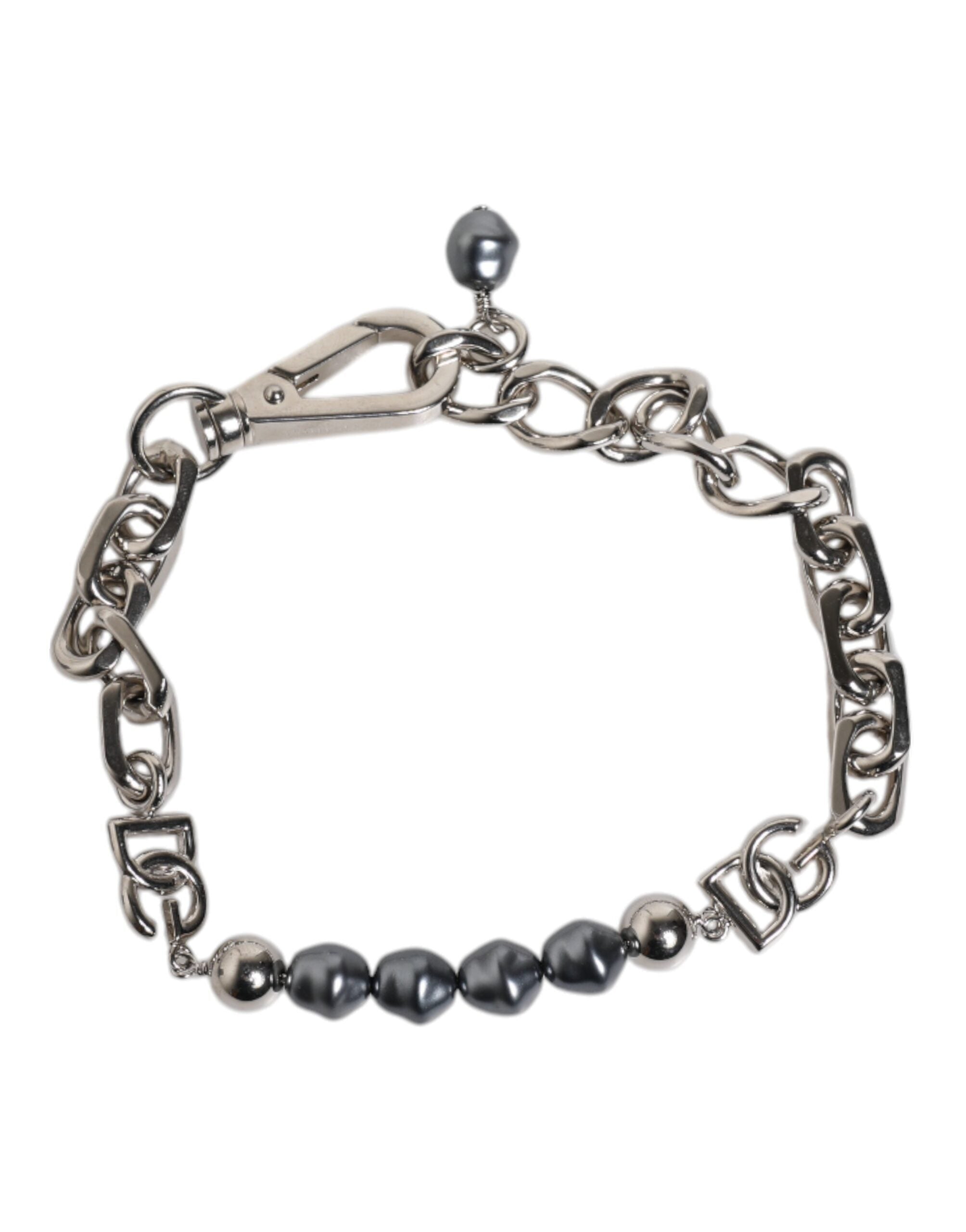 Dolce & Gabbana Silver Tone Chain Lobster Clasp Logo Gray Pearls Bracelet Dolce & Gabbana