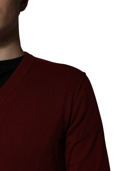 Dolce & Gabbana Maroon Cashmere V-neck Men Pullover Sweater Dolce & Gabbana