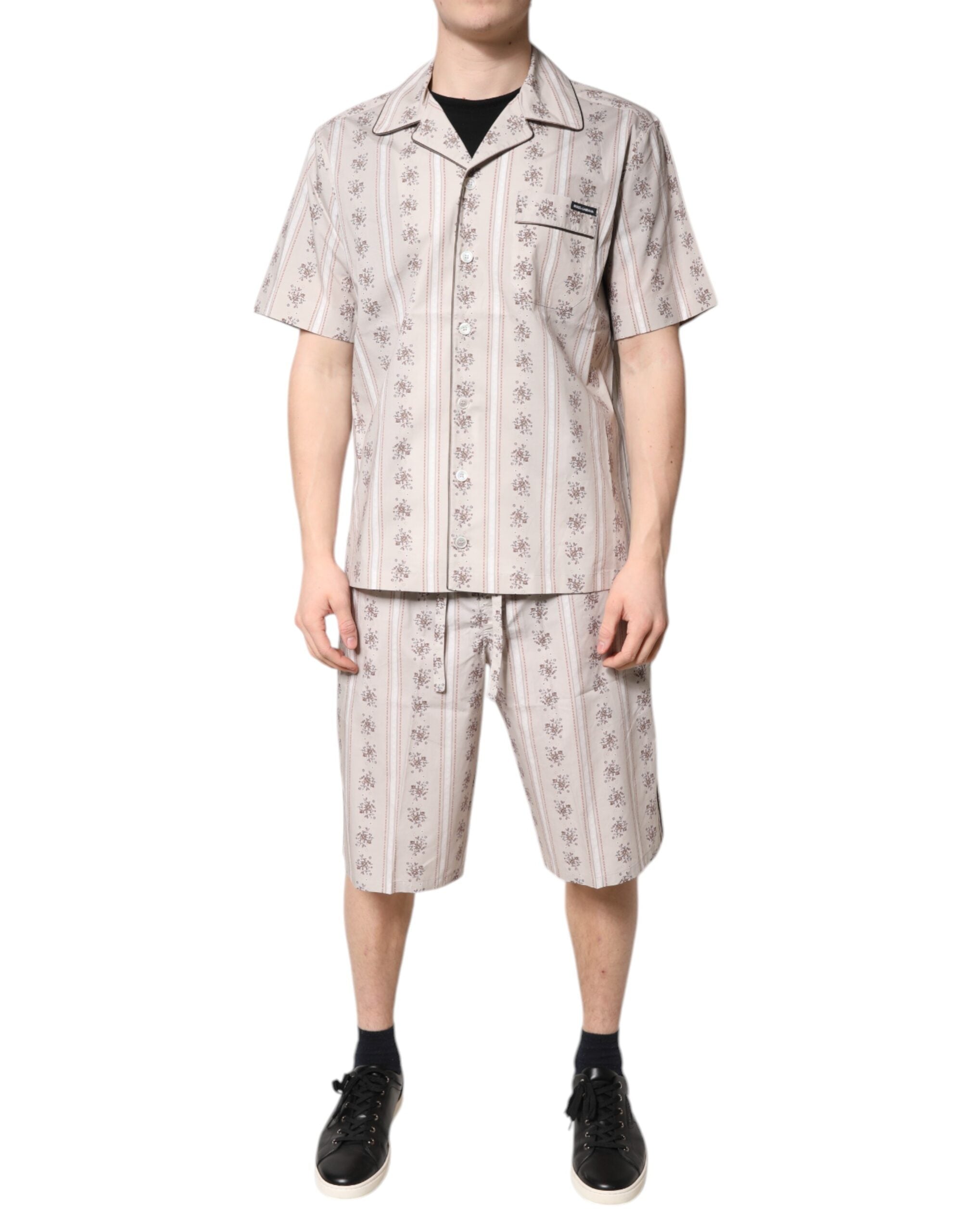 Dolce & Gabbana Beige Floral Print Cotton Men Pajama Set Sleepwear Dolce & Gabbana