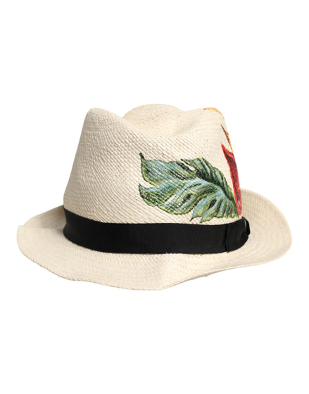 Dolce & Gabbana Beige Floral Print Straw Wide Brim Fedora Hat Dolce & Gabbana
