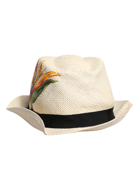 Dolce & Gabbana Beige Floral Print Straw Wide Brim Fedora Hat Dolce & Gabbana
