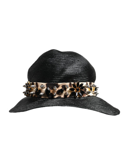 Dolce & Gabbana Black Straw Crystal Embellished Wide Brim Hat Dolce & Gabbana