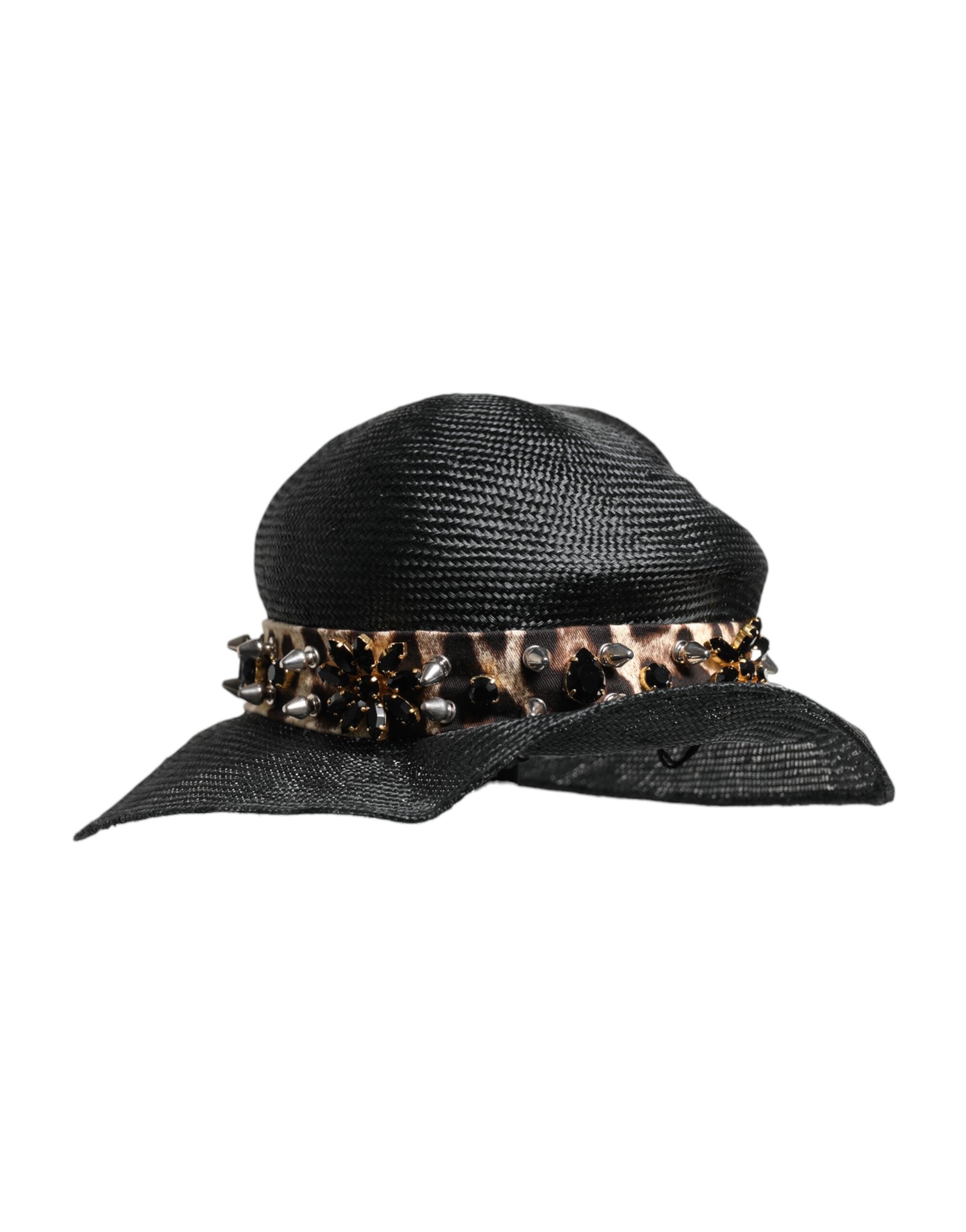 Dolce & Gabbana Black Straw Crystal Embellished Wide Brim Hat Dolce & Gabbana