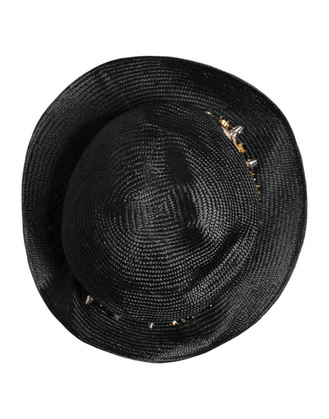 Dolce & Gabbana Black Straw Crystal Embellished Wide Brim Hat Dolce & Gabbana