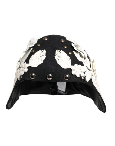 Dolce & Gabbana Black Wool White Floral Gold Leaf Cloche Hat Dolce & Gabbana