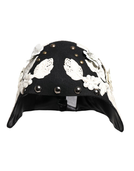 Dolce & Gabbana Black Wool White Floral Gold Leaf Cloche Hat Dolce & Gabbana