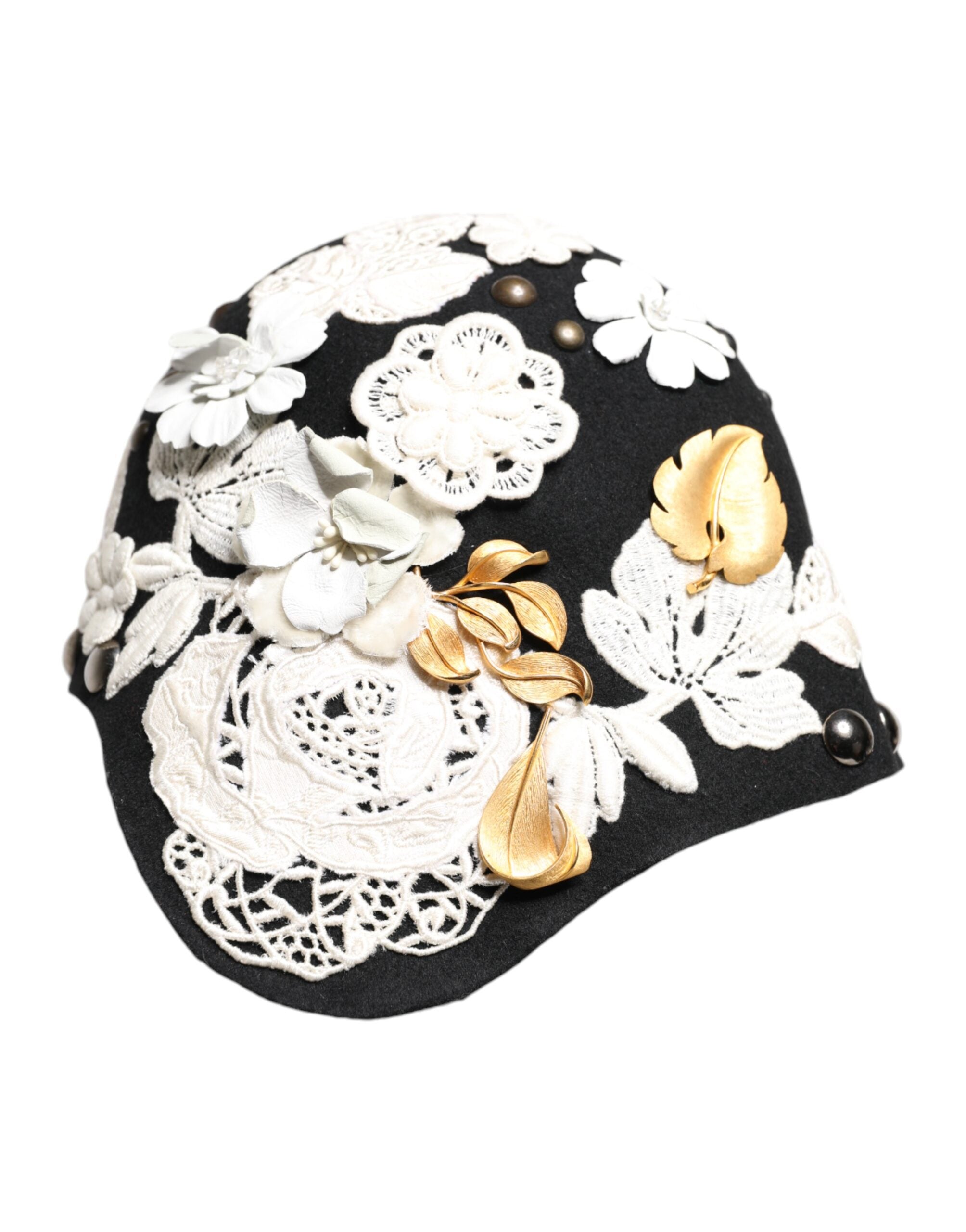 Dolce & Gabbana Black Wool White Floral Gold Leaf Cloche Hat Dolce & Gabbana