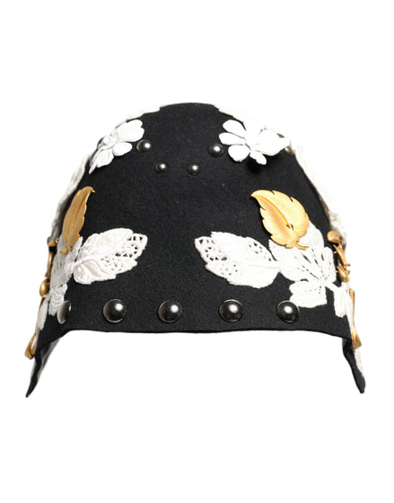 Dolce & Gabbana Black Wool White Floral Gold Leaf Cloche Hat Dolce & Gabbana
