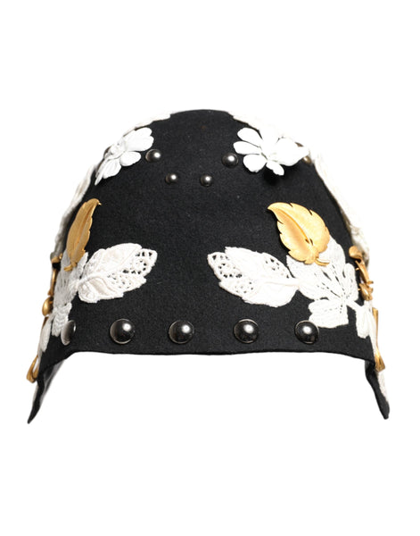 Dolce & Gabbana Black Wool White Floral Gold Leaf Cloche Hat Dolce & Gabbana