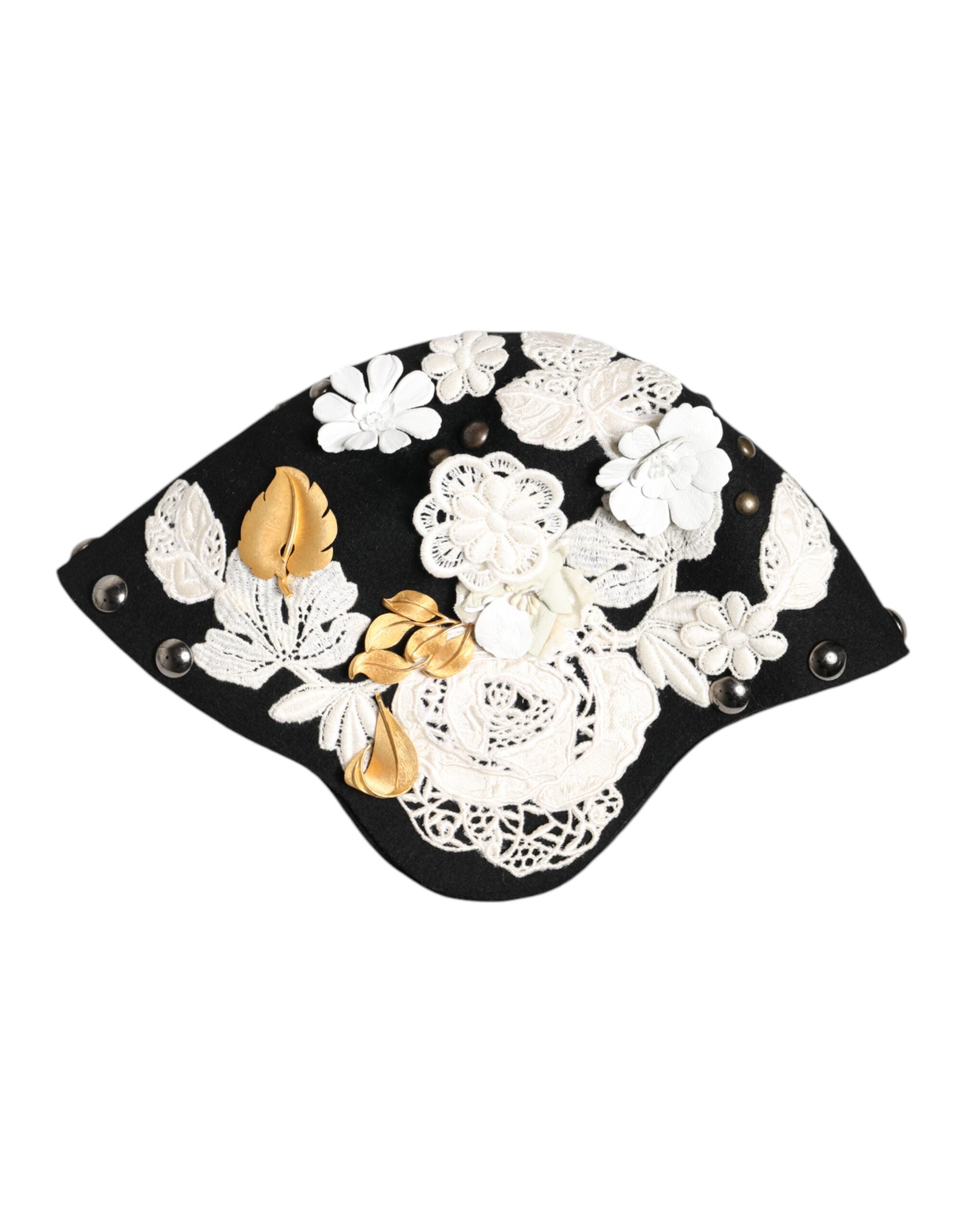 Dolce & Gabbana Black Wool White Floral Gold Leaf Cloche Hat Dolce & Gabbana