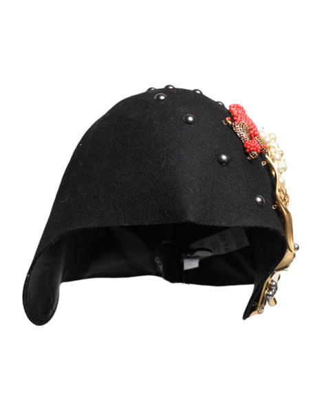 Dolce & Gabbana Black Wool Multicolor Embellished Cloche Hat Dolce & Gabbana