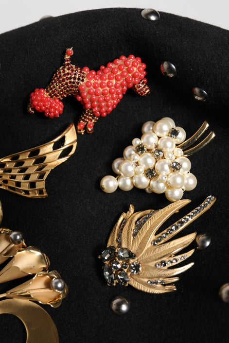 Dolce & Gabbana Black Wool Multicolor Embellished Cloche Hat Dolce & Gabbana