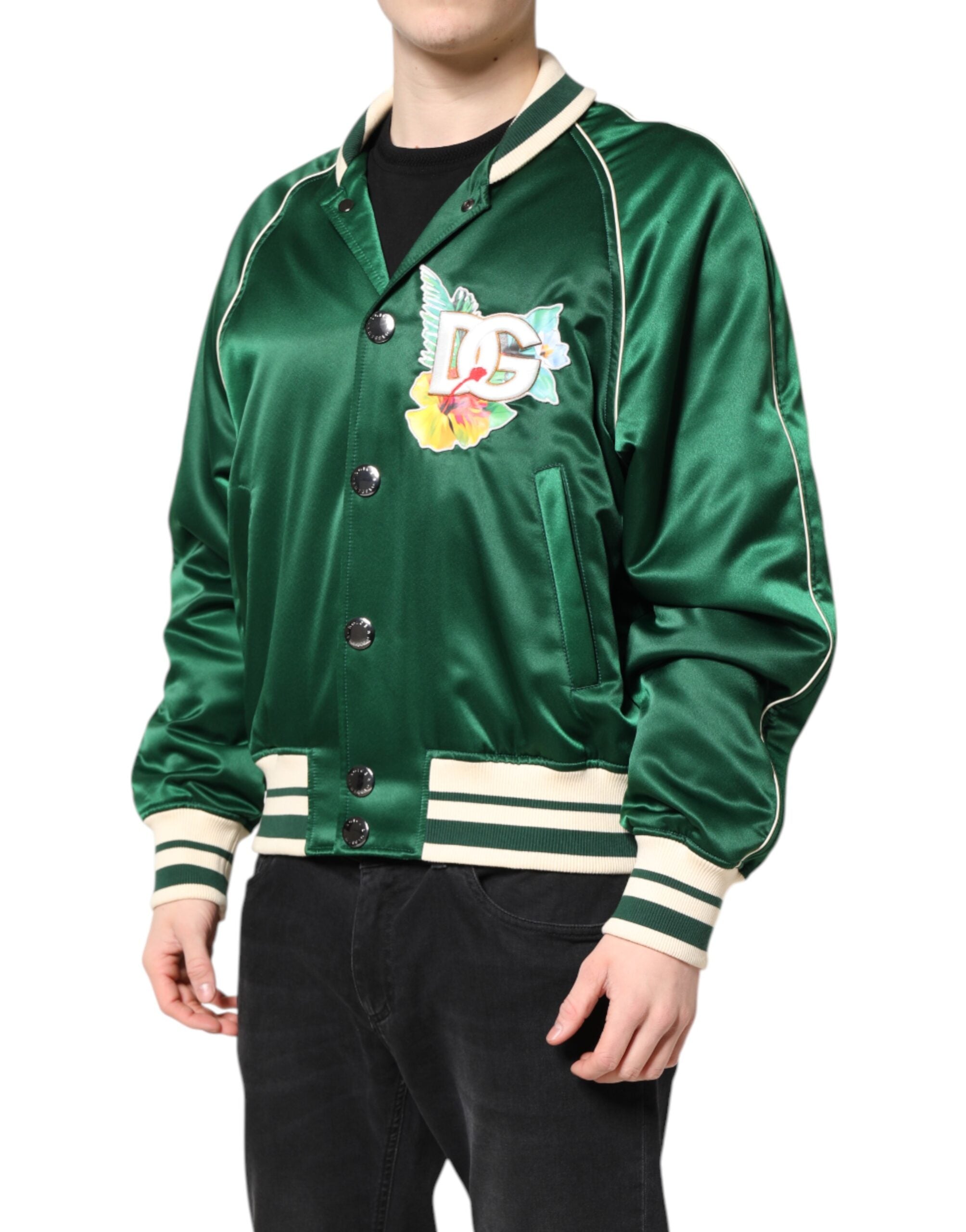 Dolce & Gabbana Green Floral DG Logo Full Zip Bomber Jacket Dolce & Gabbana