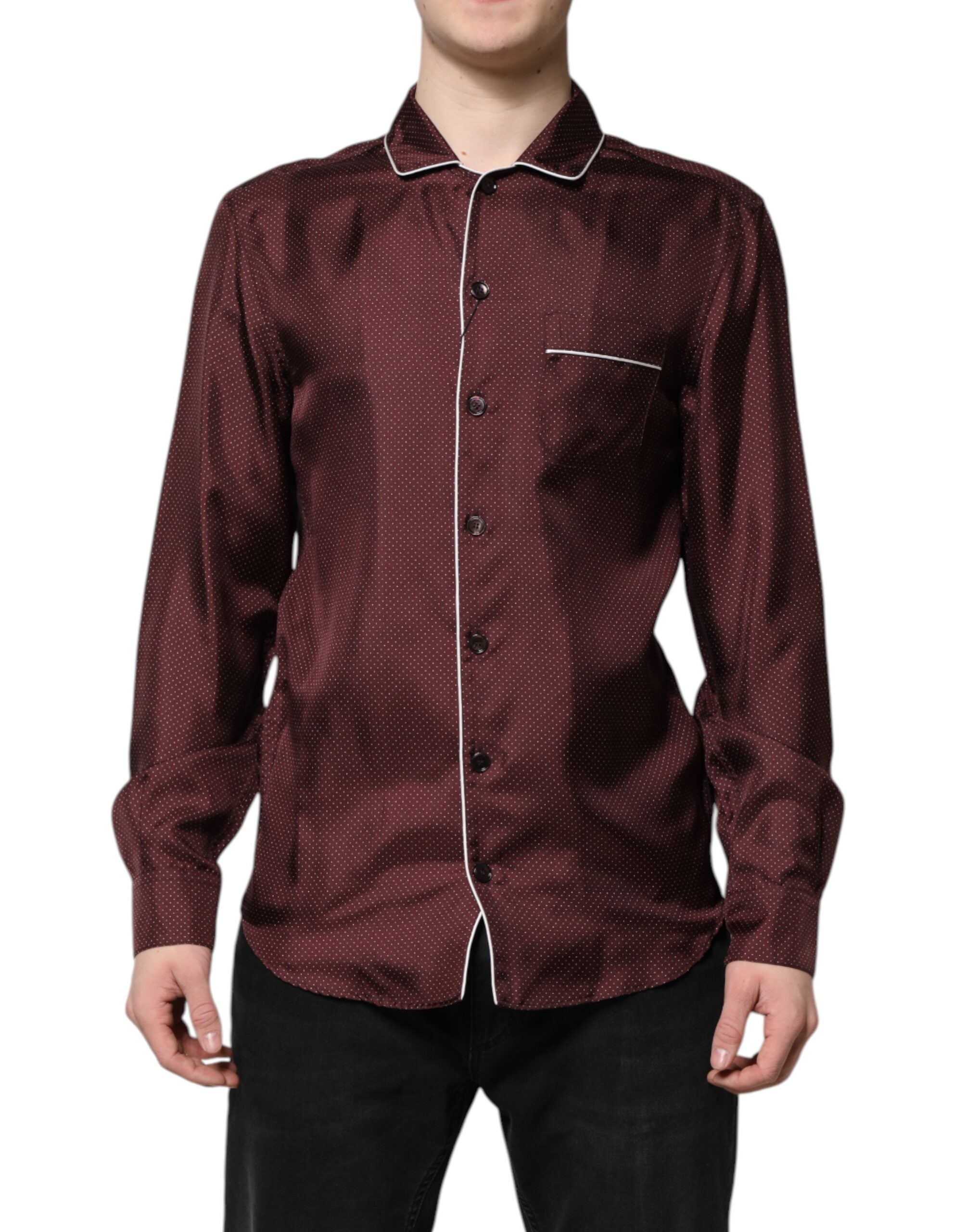 Dolce & Gabbana Burgundy Silk Dotted Long Sleeves Shirt Dolce & Gabbana
