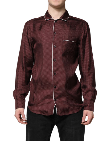 Dolce & Gabbana Burgundy Silk Dotted Long Sleeves Shirt Dolce & Gabbana